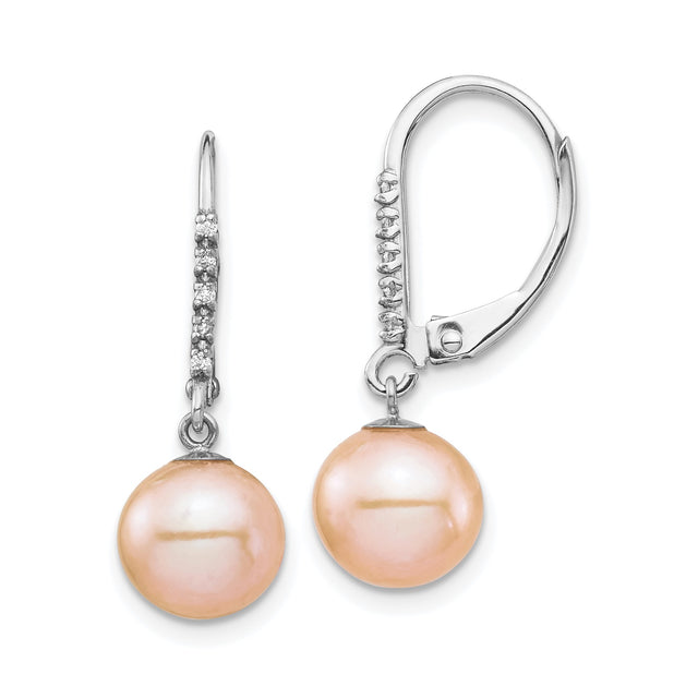 14k White Gold Drop Earrings with Peach Freshwater Pearls and Diamond Accents on Leverback
