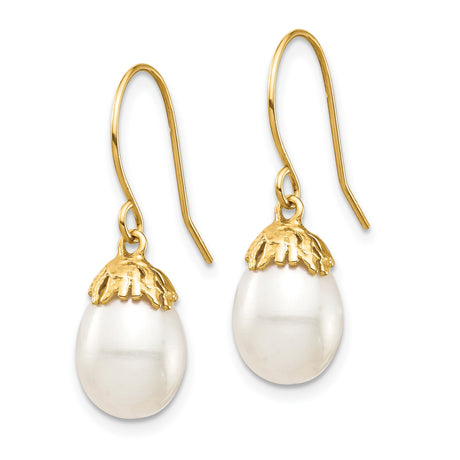14k Yellow Gold Drop Earrings with White Freshwater Cultured Pearls, Organic Cap Detailing