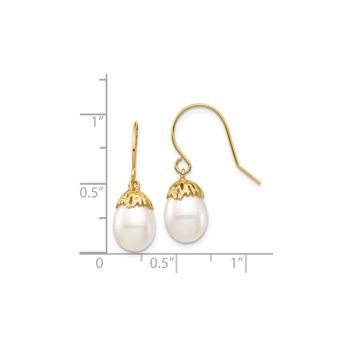 14k Yellow Gold Drop Earrings with White Freshwater Cultured Pearls, Organic Cap Detailing