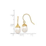14k Yellow Gold Drop Earrings with White Freshwater Cultured Pearls, Organic Cap Detailing