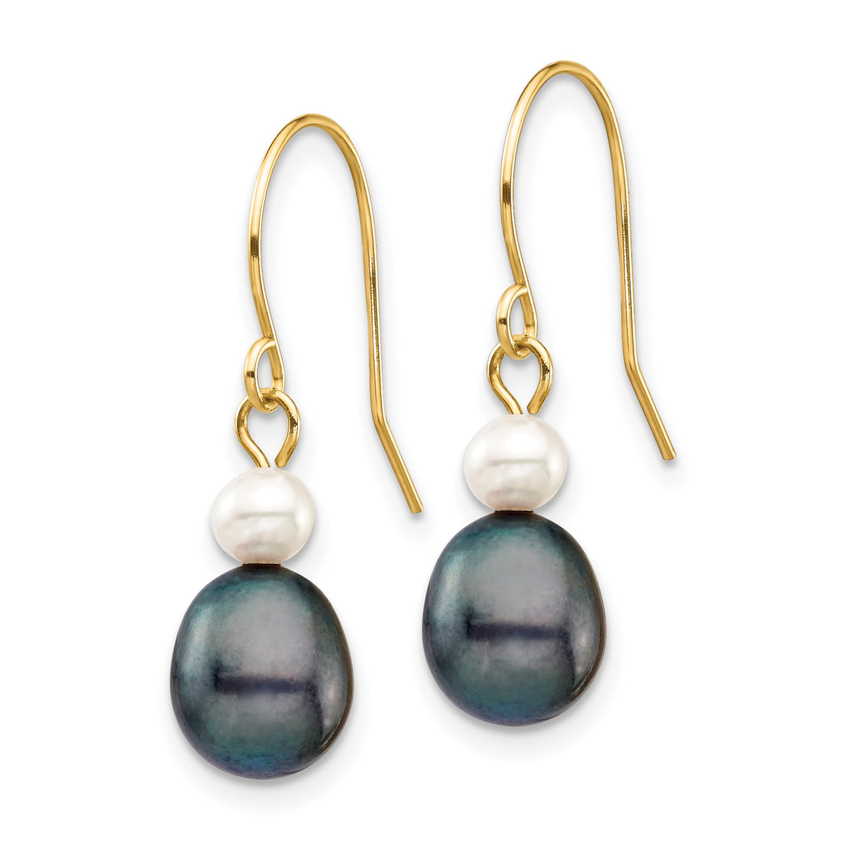 14k Yellow Gold Dangle Drop Earrings with White and Black Cultured Freshwater Pearls, Long Statement Design