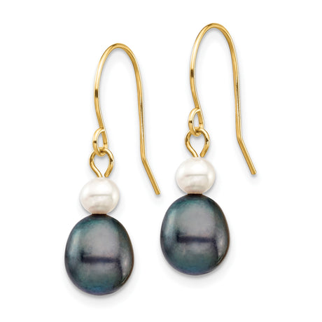 14k Yellow Gold Dangle Drop Earrings with White and Black Cultured Freshwater Pearls, Long Statement Design