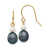 14k Yellow Gold Dangle Drop Earrings with White and Black Cultured Freshwater Pearls, Long Statement Design