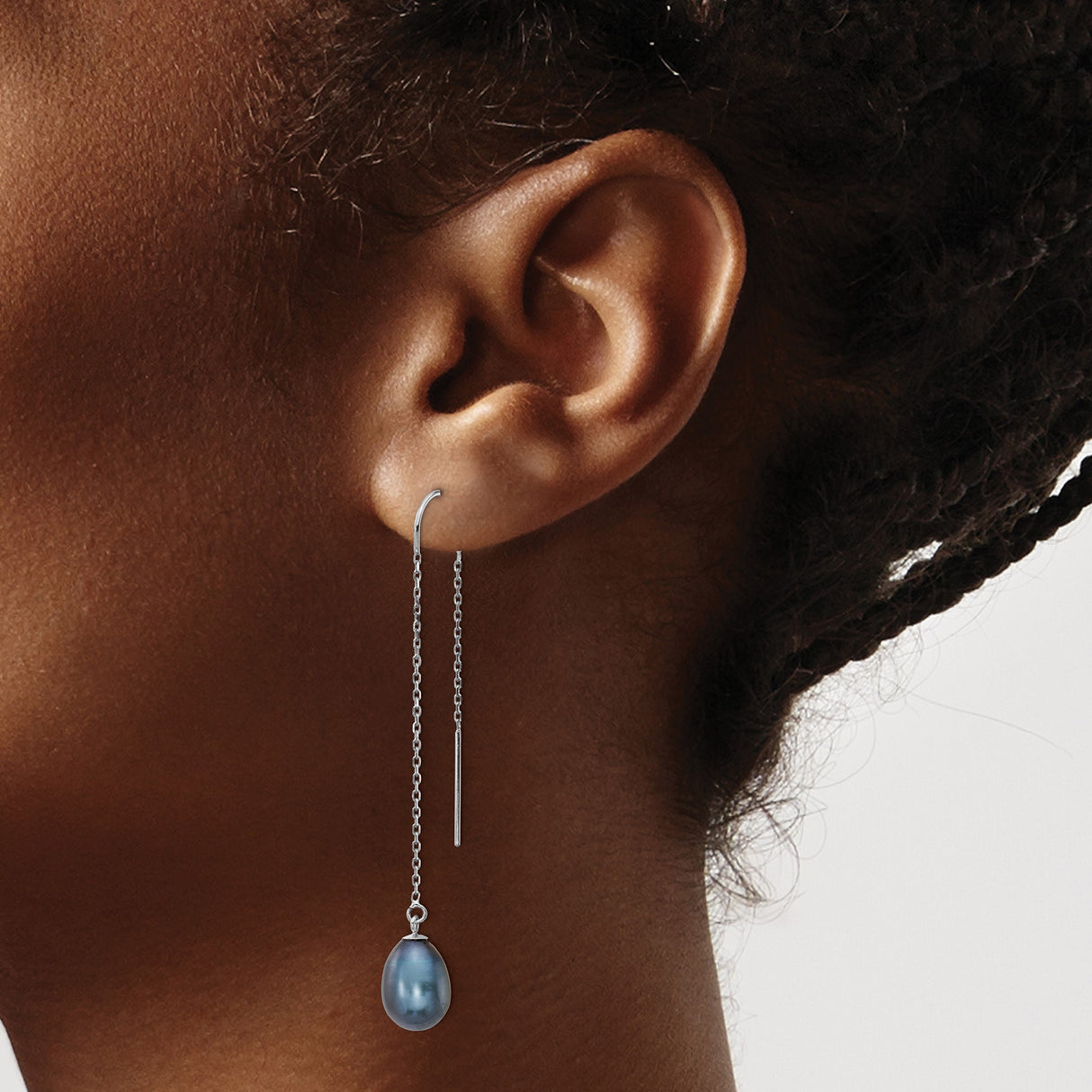 14k White Gold Threader Earrings with Black Freshwater Cultured Pearls, Modern Dangle Design