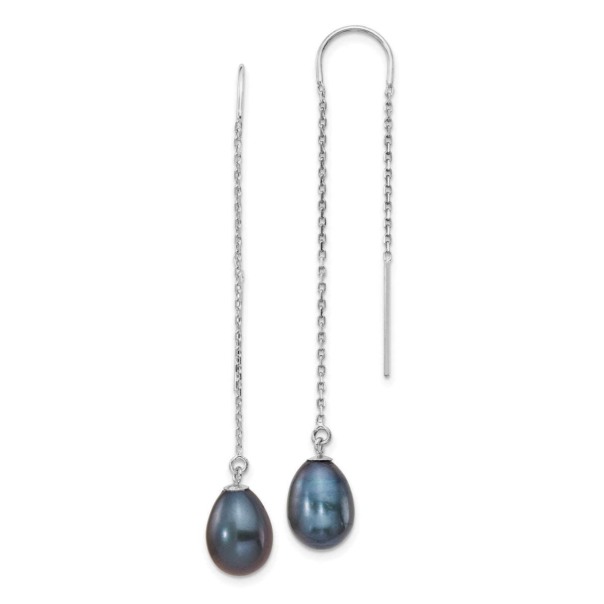14k White Gold Threader Earrings with Black Freshwater Cultured Pearls, Modern Dangle Design