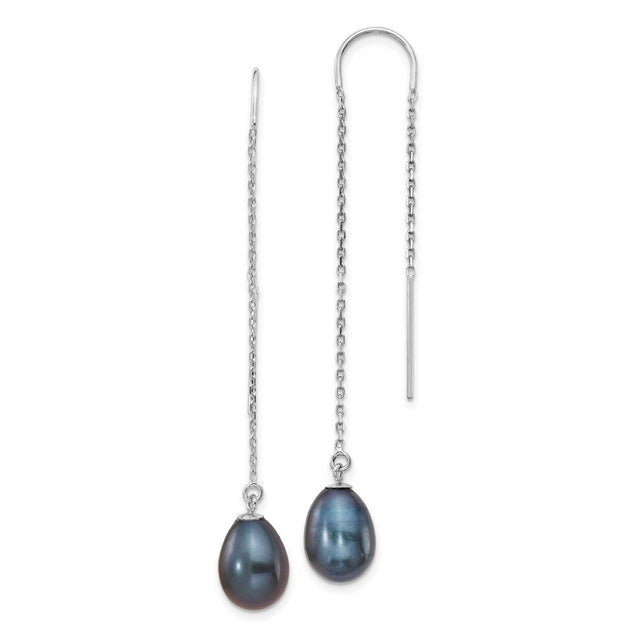14k White Gold Threader Earrings with Black Freshwater Cultured Pearls, Modern Dangle Design