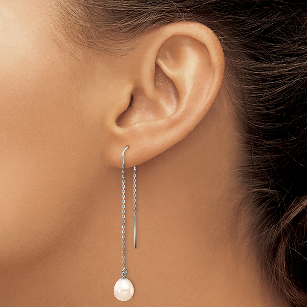 14k White Gold Threader Earrings with Freshwater Cultured Pearls, Minimalist Drop Design