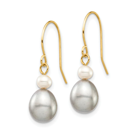 14k Yellow Gold Drop Earrings with White and Gray Cultured Freshwater Pearls, Dangle Style