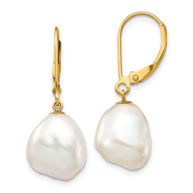 14k Yellow Gold Dangle Earrings with Natural Baroque Freshwater Pearls, Leverback Design