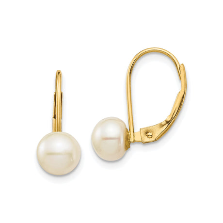 14k Yellow Gold Dangle Earrings with White Cultured Freshwater Pearls, Leverback Design