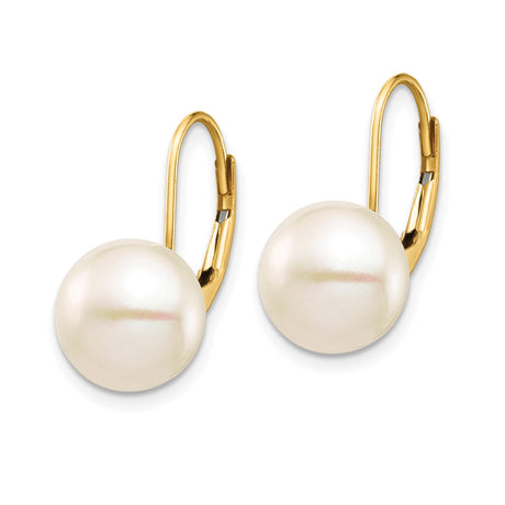 14k Yellow Gold Leverback Drop Earrings with Round White Cultured Pearls for Women