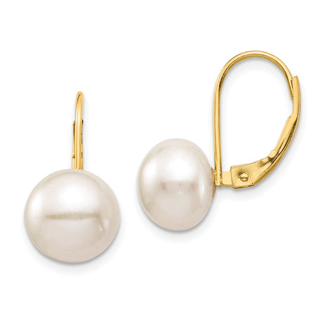 14k Yellow Gold Leverback Drop Earrings with Round White Cultured Pearls for Women