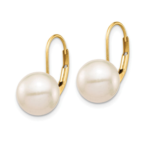 14k Yellow Gold Leverback Earrings with White Cultured Pearls, Classic Drop Design