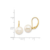 14k Yellow Gold Leverback Earrings with White Cultured Pearls, Classic Drop Design