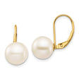 14k Yellow Gold Leverback Earrings with White Cultured Pearls, Classic Drop Design