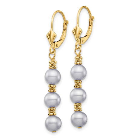14k Yellow Gold Drop Earrings with Gray Cultured Pearls and Textured Bead Spacers