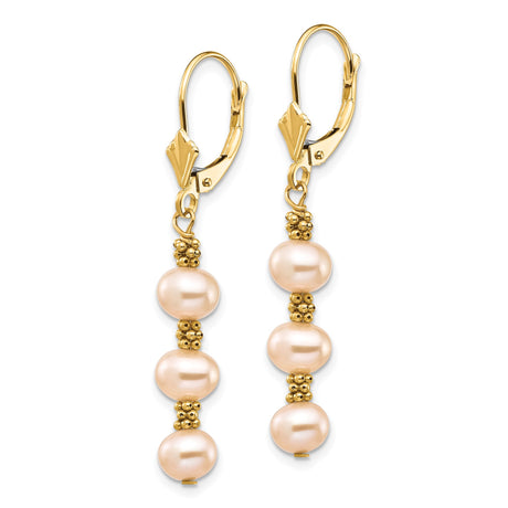 14k Yellow Gold Dangle Earrings with Freshwater Cultured Pearls and Textured Beads