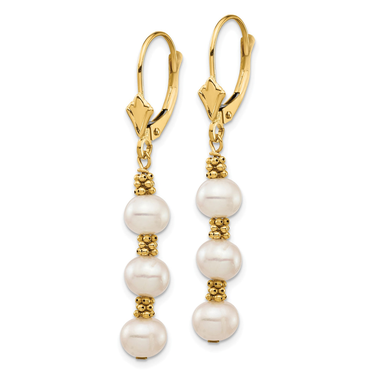 14k Yellow Gold Dangle Earrings with White Freshwater Cultured Pearls and Textured Beads