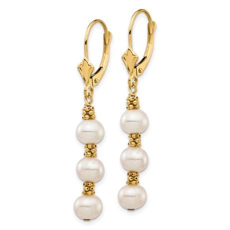 14k Yellow Gold Dangle Earrings with White Freshwater Cultured Pearls and Textured Beads