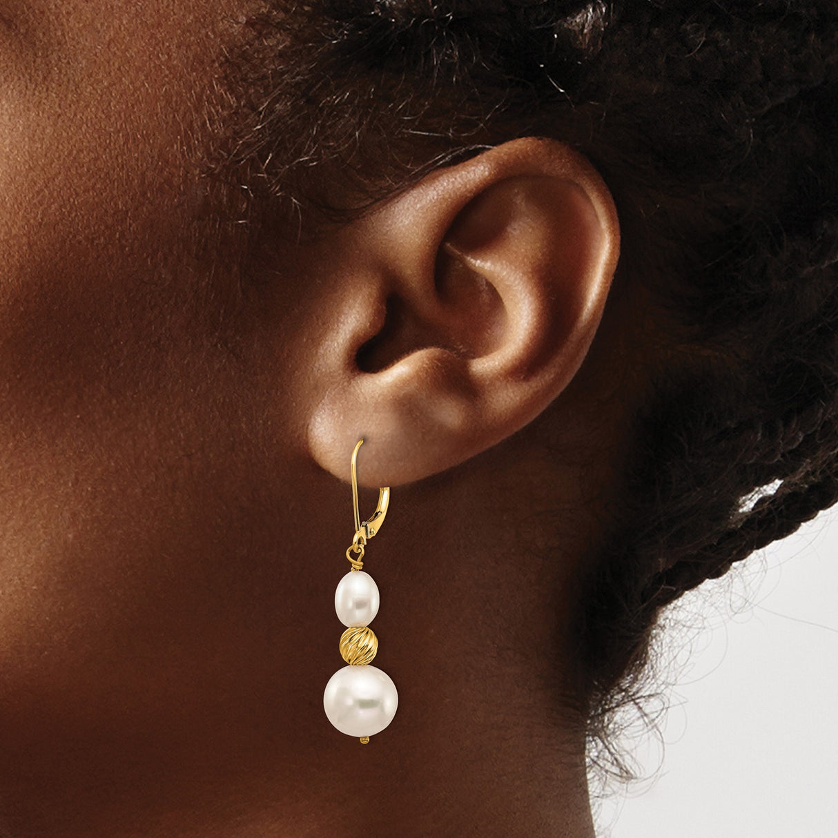 14k Yellow Gold Dangle Earrings with White Freshwater Cultured Pearls and Textured Beads