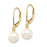 14k Yellow Gold Drop Earrings with White Freshwater Cultured Pearls, Leverback Dangle Design