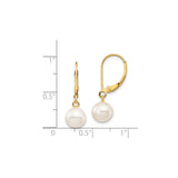 14k Yellow Gold Drop Earrings with White Freshwater Cultured Pearls, Leverback Dangle Design