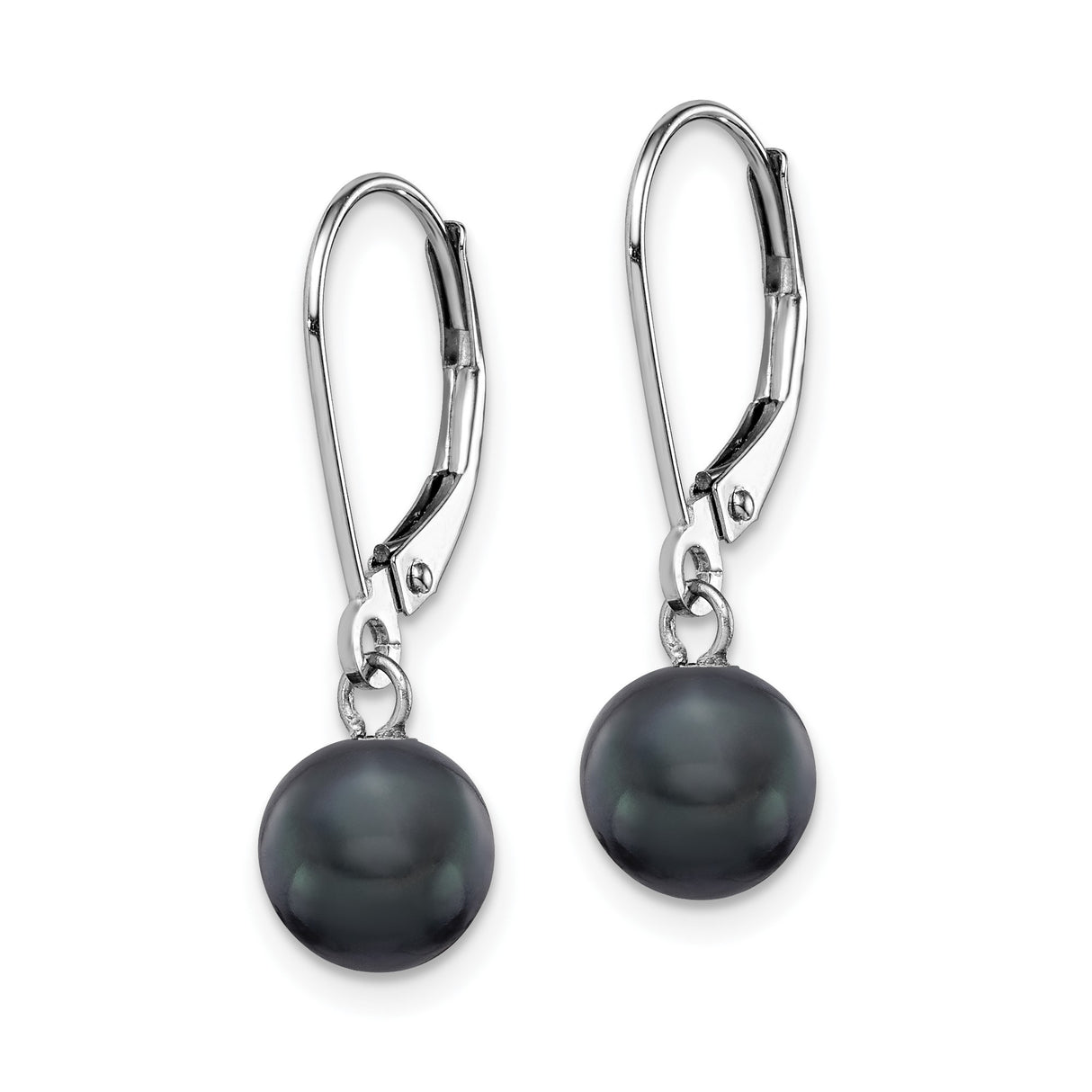 14k White Gold Drop Earrings with Black Cultured Pearls, Leverback Dangle Design for Women