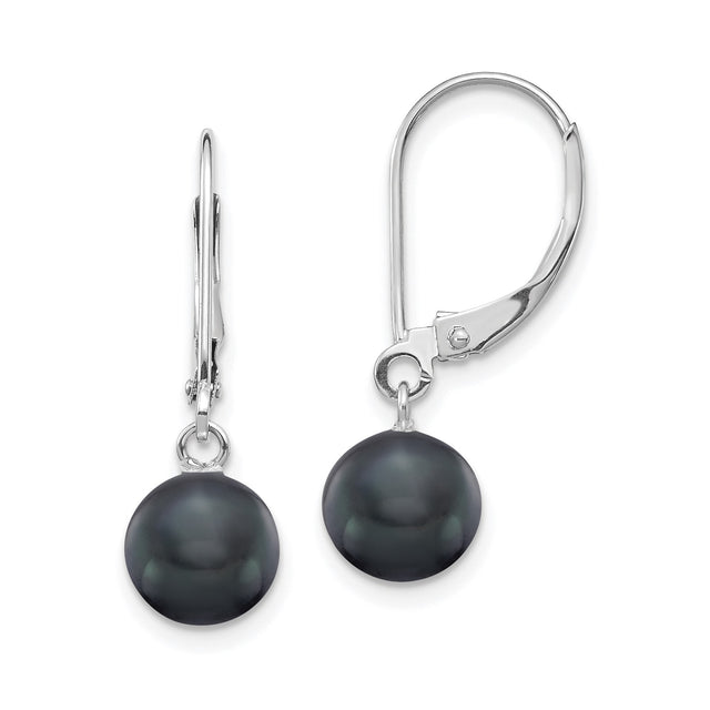 14k White Gold Drop Earrings with Black Cultured Pearls, Leverback Dangle Design for Women