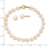 Childrens 4-5mm Pink Pearl Bracelet Earrings Set Charm Pendant in Real 14k Yellow Gold