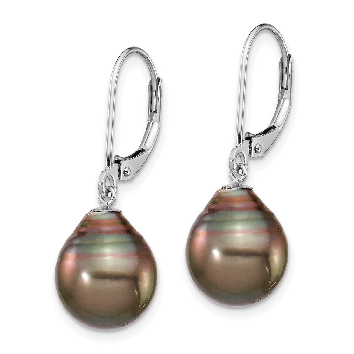 14k White Gold Drop Earrings with Tahitian Black Cultured Pearls, Leverback Dangle Design for Women