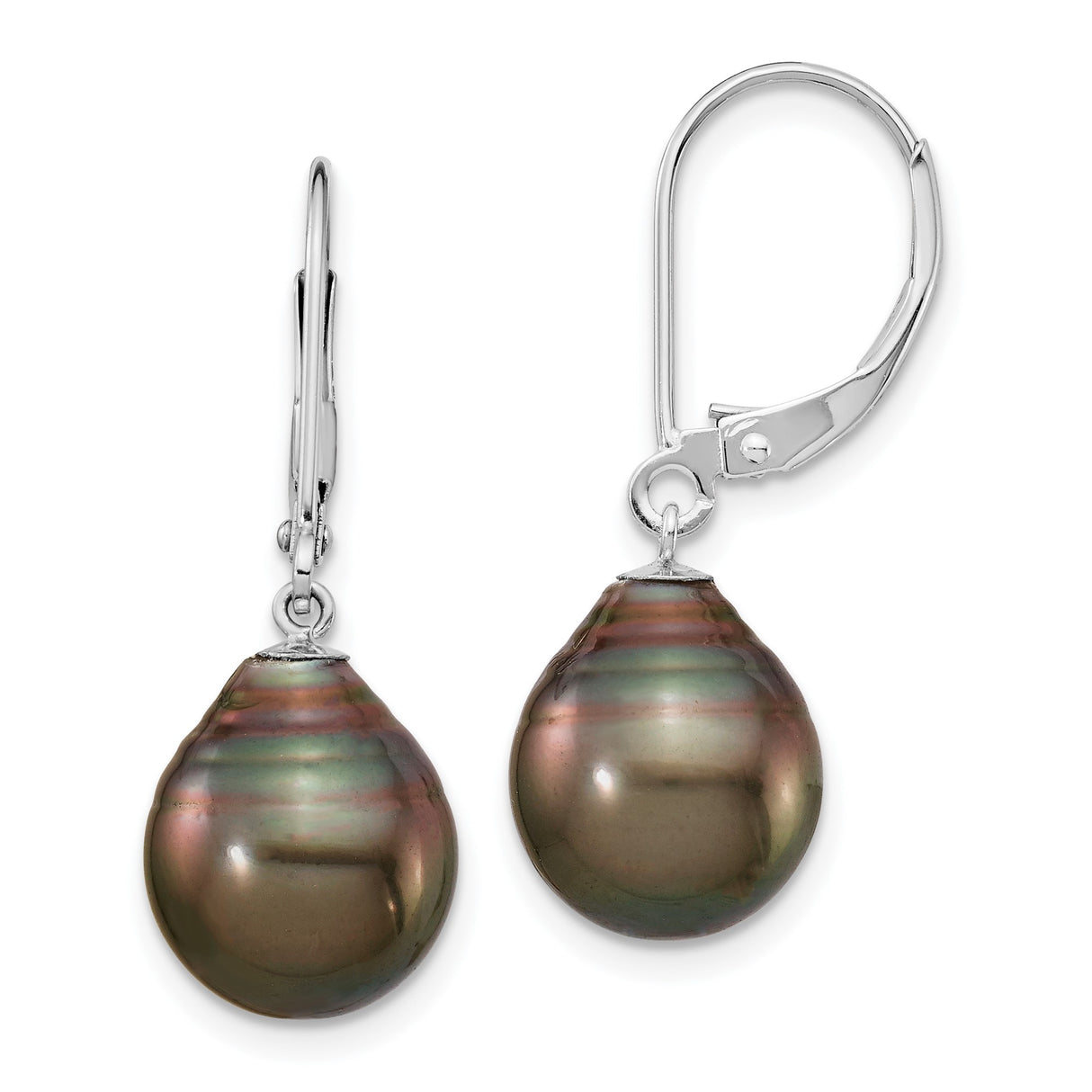 14k White Gold Drop Earrings with Tahitian Black Cultured Pearls, Leverback Dangle Design for Women