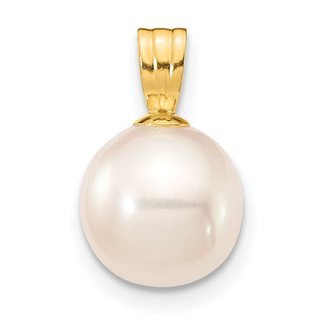8-9mm White Round Freshwater Cultured Pearl Charm Pendant in Real 14k Yellow Gold