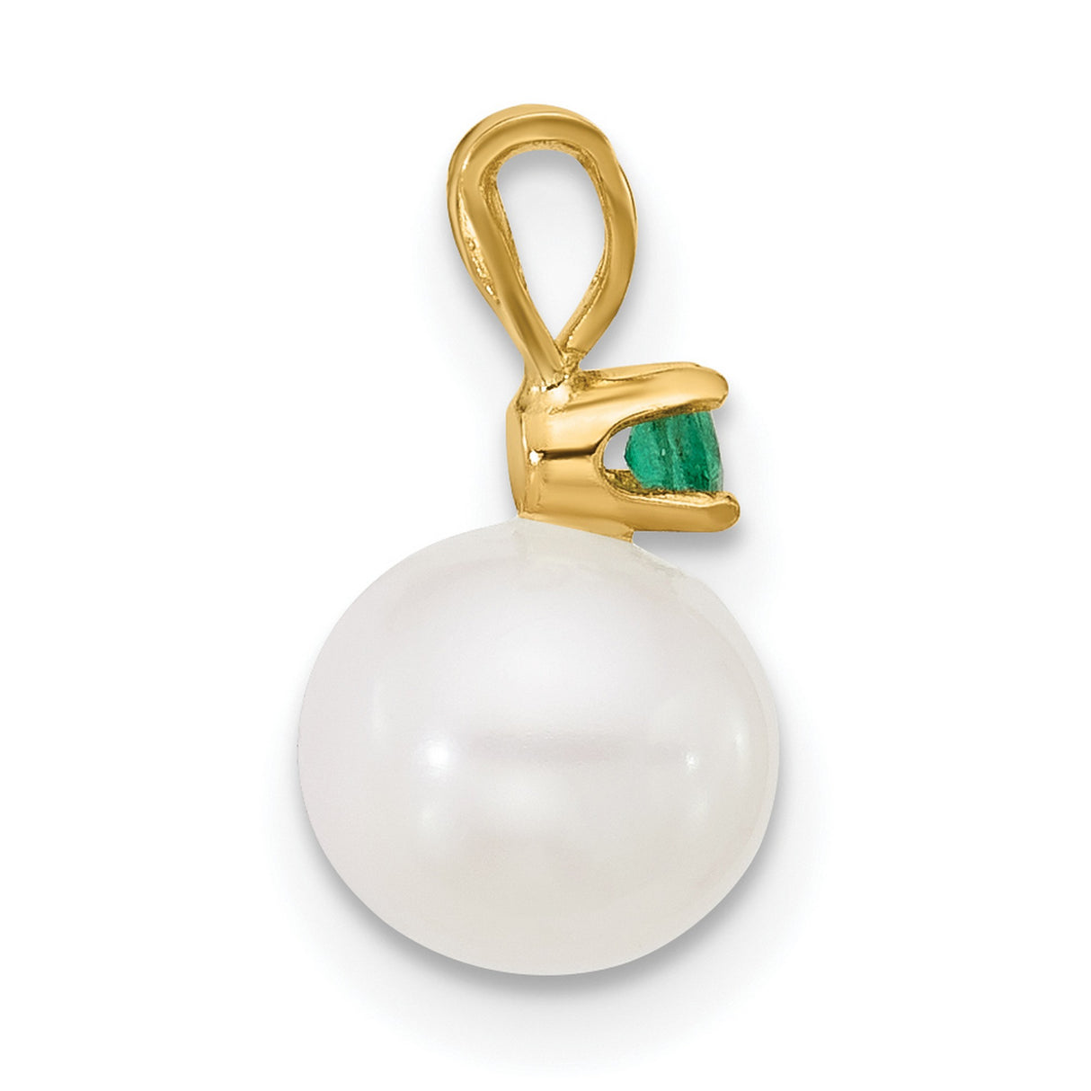 14k Yellow Gold Pendant with White Freshwater Pearl and Green Emerald Accent, Classic Design