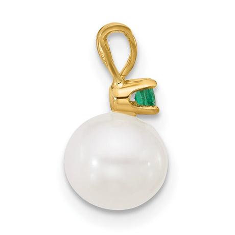 14k Yellow Gold Pendant with White Freshwater Pearl and Green Emerald Accent, Classic Design
