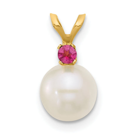 14k Yellow Gold Pendant with Cultured White Pearl and Pink Gemstone Accent