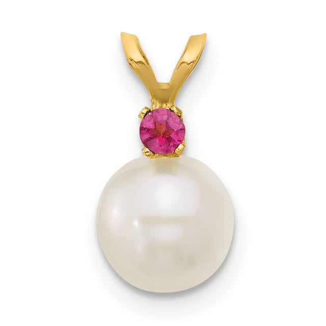 14k Yellow Gold Pendant with Cultured White Pearl and Pink Gemstone Accent