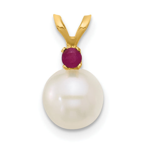 14k Yellow Gold Pendant with Ruby and Pearl Accents, Elegant Feminine Jewelry for Women