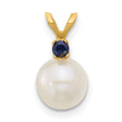 14k Yellow Gold Pendant with White Pearl and Blue Sapphire, Classic Charm for Women