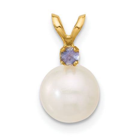 14k Yellow Gold Pendant with White Cultured Pearl and Tanzanite Accent, Bridal Jewelry Charm