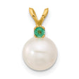 14k Yellow Gold Pendant with White Cultured Pearl and Green Emerald Accent