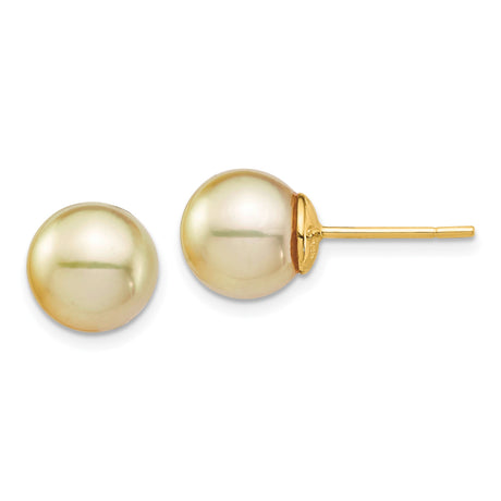 14k Yellow Gold Stud Earrings with Cultured South Sea Golden Pearls, Classic Design for Women