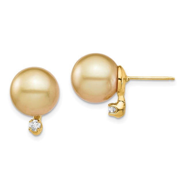 14k Yellow Gold Stud Earrings with Golden Cultured Pearls and Diamond Accents