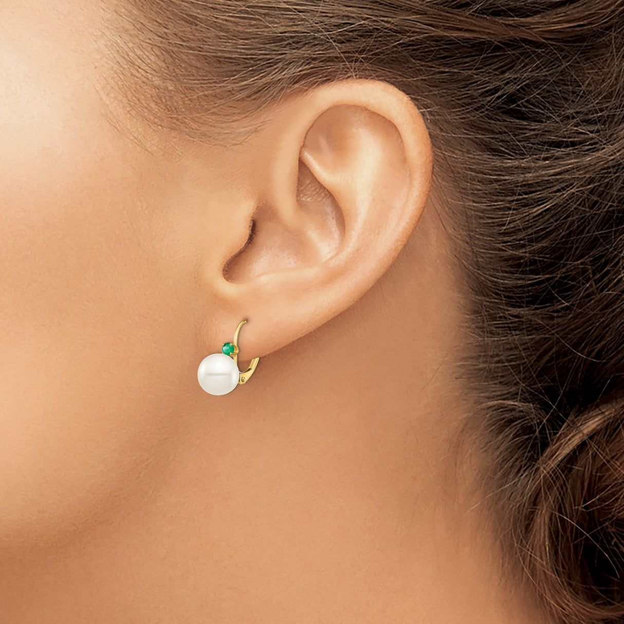 14k Yellow Gold Dangle Earrings with Round White Cultured Pearls and Emeralds Leverback Design