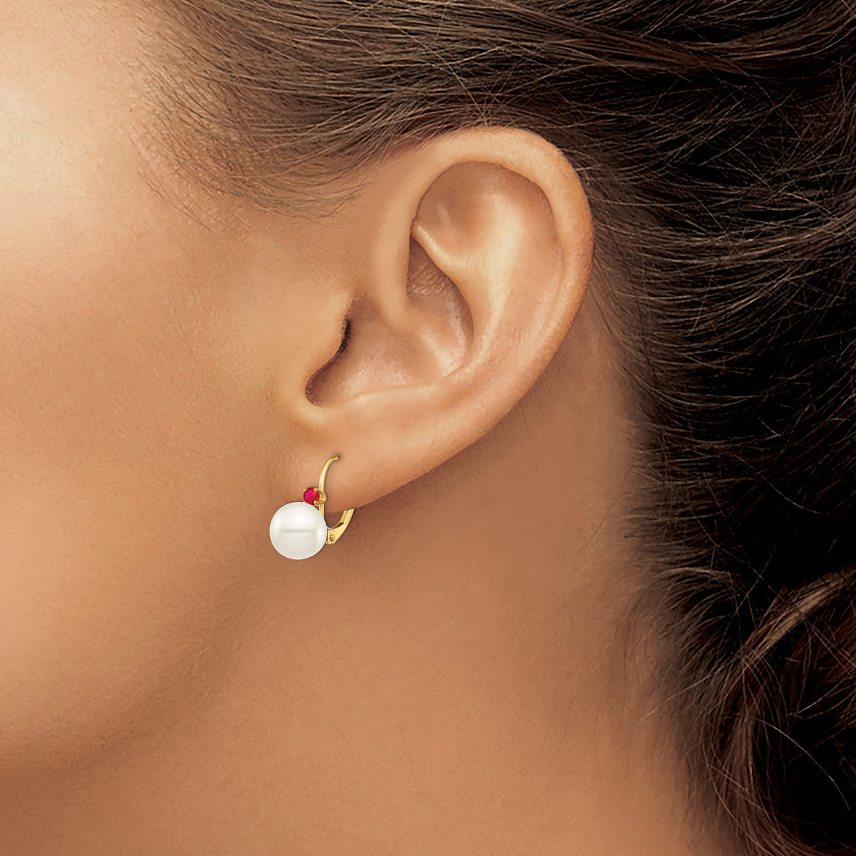 14k Yellow Gold Drop Earrings with White Cultured Pearls and Ruby Accents Leverback Design