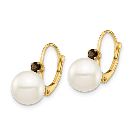 14k Yellow Gold Leverback Earrings with White Pearls and Smoky Quartz Dangle Design