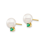 14k Yellow Gold Stud Earrings with White Cultured Pearls and Emeralds, Classic Fine Jewelry