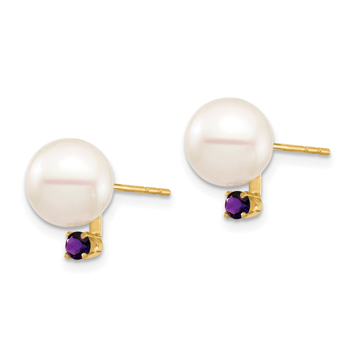 14k Yellow Gold Stud Earrings with White Cultured Pearls and Amethyst Gemstones