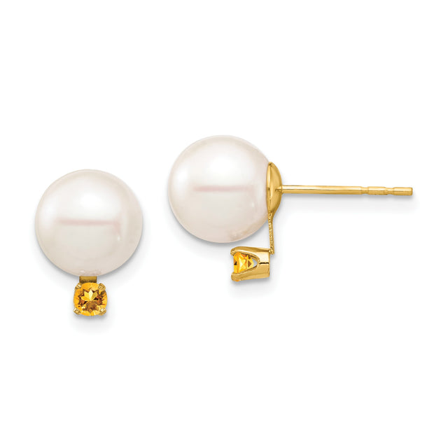 14k Yellow Gold Stud Earrings with White Cultured Pearl and Citrine, Classic Womens Jewelry