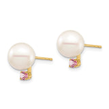 14k Yellow Gold Stud Earrings with White Pearls and Pink Topaz, Classic Feminine Design