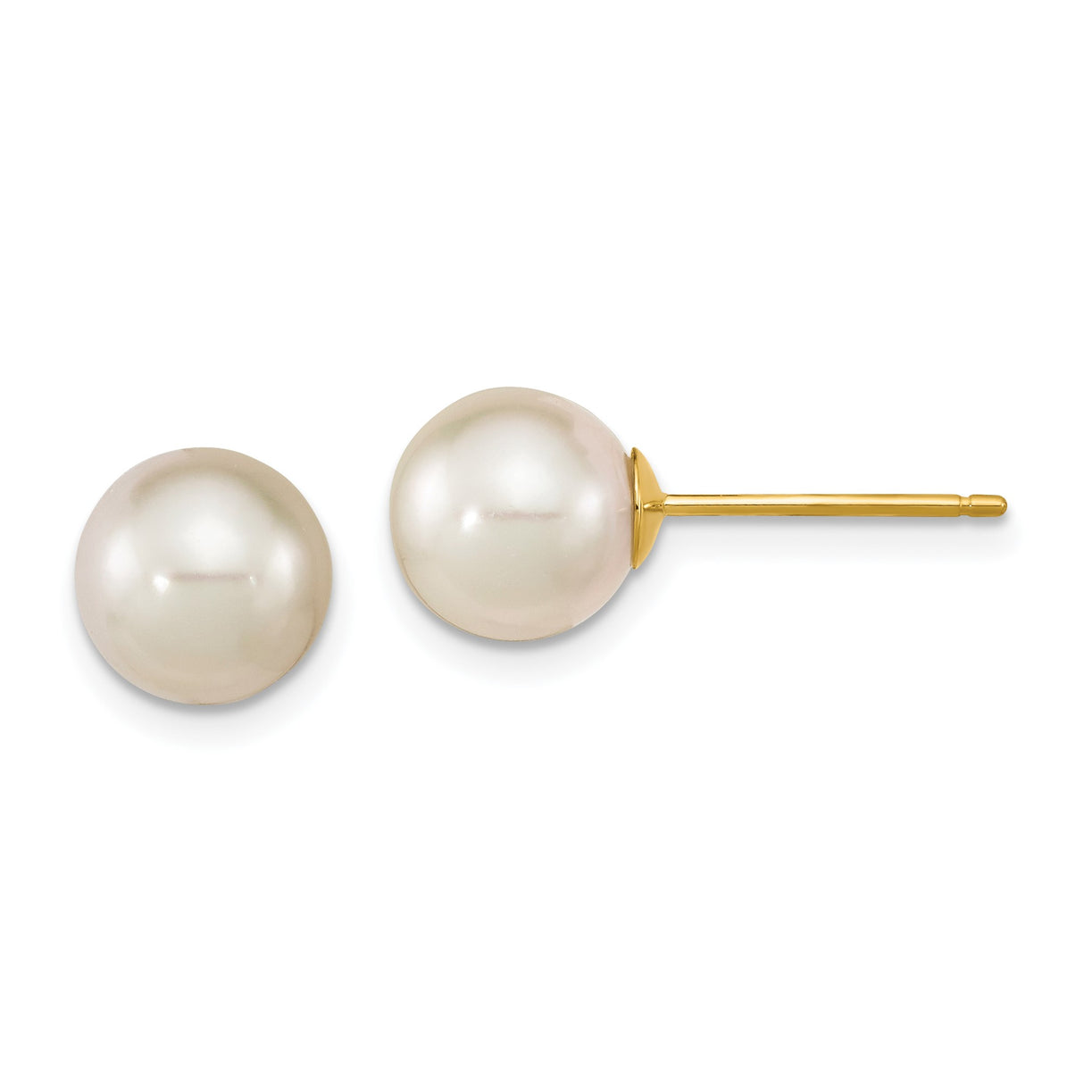 14k Yellow Gold Pearl Stud Earrings with White Cultured Pearls, Classic Minimalist Style